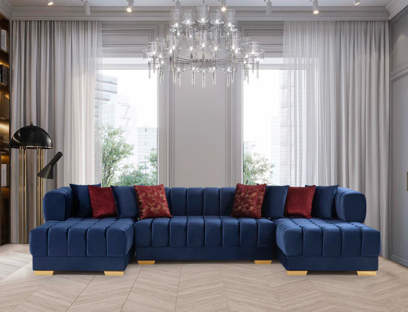 Ariana Blue Velvet Double Chaise Sectional w/ Red Pillows
