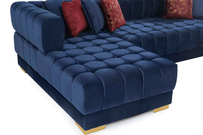 Ariana Blue Velvet Double Chaise Sectional w/ Red Pillows