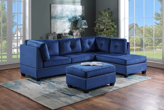 Sienna - Blue Velvet Sectional + Ottoman Set
