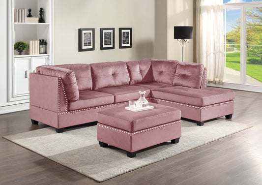 Sienna - Pink Velvet Sectional + Ottoman Set (Pink Velvet)