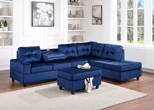 22Heights Sectional + Storage Ottoman - Blue Velvet